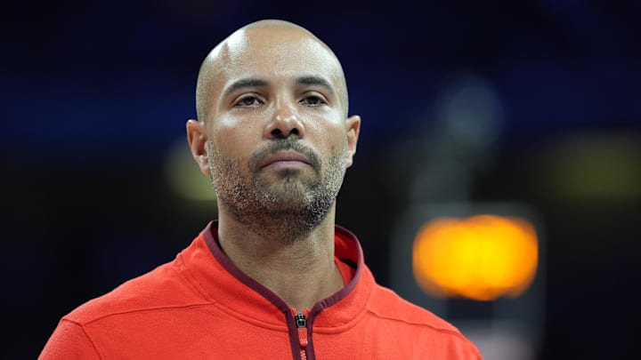 Aug 2, 2024; Villeneuve-d'Ascq, France; Canada head coach Jordi Fernandez looks on at halftime against Spain in a men’s group A basketball game during the Paris 2024 Olympic Summer Games at Stade Pierre-Mauroy. Mandatory Credit: John David Mercer-Imagn Images