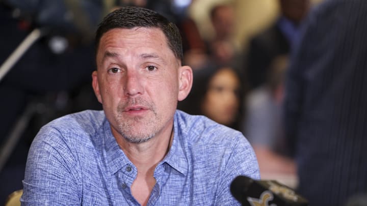 Mar 26, 2024; Orlando, FL, USA; New Orleans Saints head coach Dennis Allen speaks to media during Mar 26, 2024; Orlando, FL, USA; New Orleans Saints head coach Dennis Allen speaks to media during