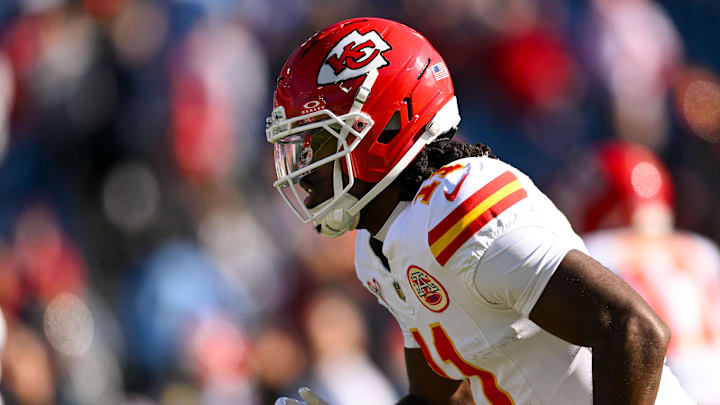 Dec 21, 2025; Nashville, Tennessee, USA;  Kansas City Chiefs wide receiver Jalen Royals (11) against the Tennessee Titans during pre-game warmups at Nissan Stadium. Mandatory Credit: Steve Roberts-Imagn Images