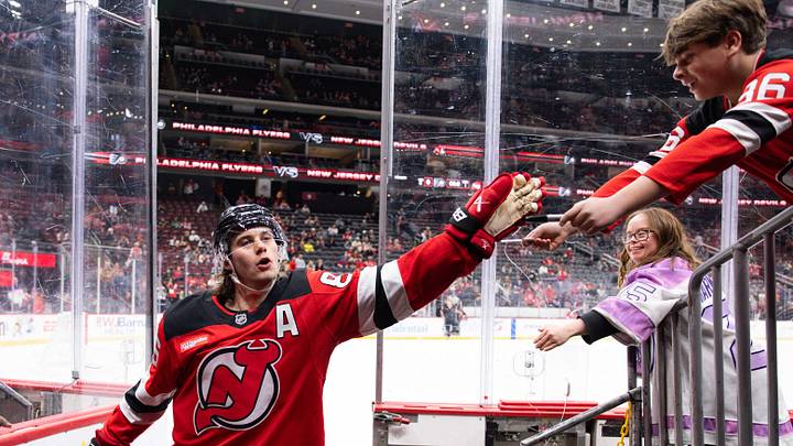 New Jersey Devils center Jack Hughes (86) before the game against the Philadelphia Flyers at Prudential Center. Mandatory Credit: Luther Schlaifer-Imagn Images