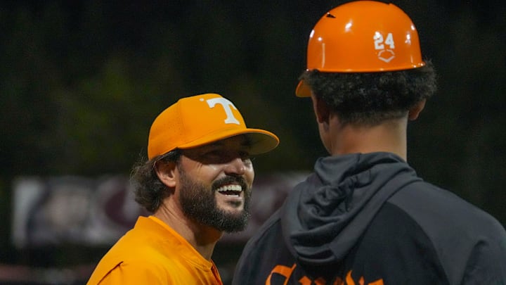 Tennessee baseball head coach Tony Vitello talks to former Tennessee baseball player Trey Lipscomb during the Tennessee Orange & White scrimmage baseball game at the Smokies Stadium in Kodak, Tenn., on Friday, November 8, 2024.