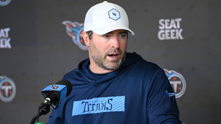 May 10, 2025; Nashville, TN, USA;  Tennessee Titans head coach Brian Callahan talks with reporters just prior to the start of rookie training camp at Saint Thomas Sports ParkTennessee. Mandatory Credit: Steve Roberts-Imagn Images