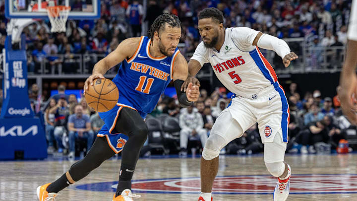 Apr 27, 2025; Detroit, Michigan, USA; Detroit Pistons guard Malik Beasley (5) defends against New York Knicks guard Jalen Brunson (11) during the first quarter of game four of first round for the 2025 NBA Playoffs at Little Caesars Arena. Mandatory Credit: David Reginek-Imagn Images