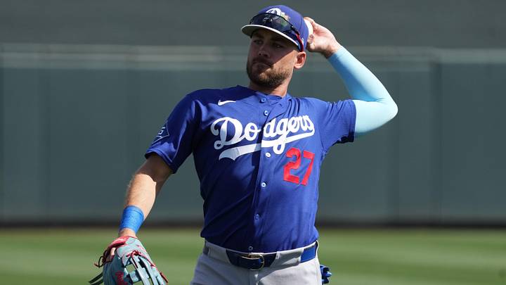 Mar 2, 2026; Salt River Pima-Maricopa, Arizona, USA; Los Angeles Dodgers Michael Siani warms up before a game against the Colorado Rockies at Salt River Fields at Talking Stick. Mandatory Credit: Rick Scuteri-Imagn Images