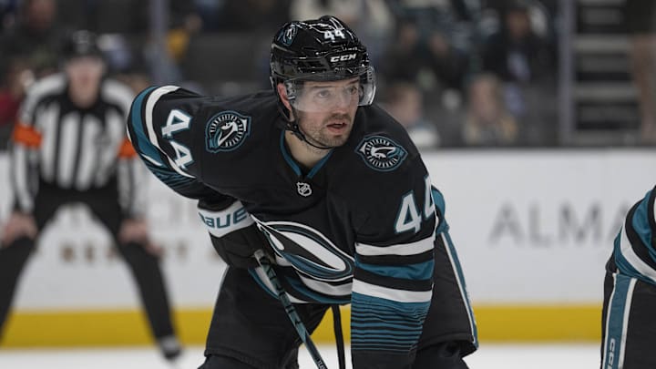 Jan 2, 2025; San Jose, California, USA; San Jose Sharks defender Marc-Edouard Vlasic (44) during the first period against the Tampa Bay Lightning at SAP Center at San Jose. Mandatory Credit: Stan Szeto-Imagn Images Jan 2, 2025; San Jose, California, USA; San Jose Sharks defender Marc-Edouard Vlasic (44) during the first period against the Tampa Bay Lightning at SAP Center at San Jose. Mandatory Credit: Stan Szeto-Imagn Images