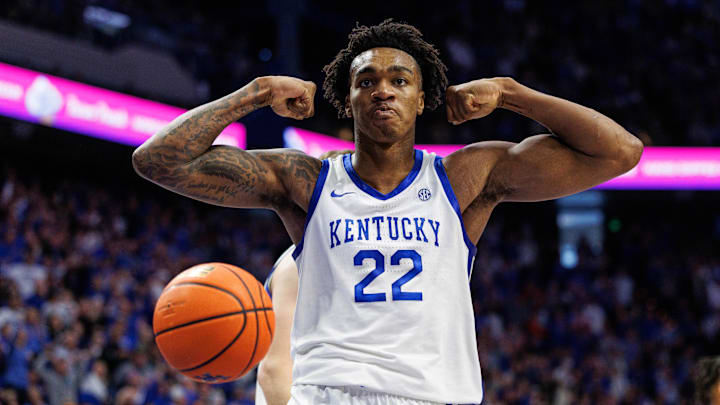 Jan 4, 2025; Lexington, Kentucky, USA; Kentucky Wildcats center Amari Williams (22) celebrates after making a basket during the second half against the Florida Gators at Rupp Arena at Central Bank Center. Mandatory Credit: Jordan Prather-Imagn Images