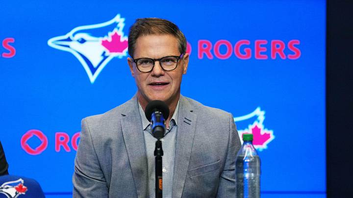 Jan 6, 2026; Toronto, Ontario, Canada; Toronto Blue Jays general manager Ross Atkins speaks to the media during the press conference room at Rogers Centre. Mandatory Credit: Nick Turchiaro-Imagn Images