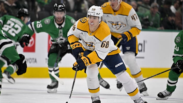 Dec 12, 2024; Dallas, Texas, USA; Nashville Predators left wing Zachary L'Heureux (68) in action during the game between the Dallas Stars and the Nashville Predators at American Airlines Center. Mandatory Credit: Jerome Miron-Imagn Images Dec 12, 2024; Dallas, Texas, USA; Nashville Predators left wing Zachary L'Heureux (68) in action during the game between the Dallas Stars and the Nashville Predators at American Airlines Center. Mandatory Credit: Jerome Miron-Imagn Images