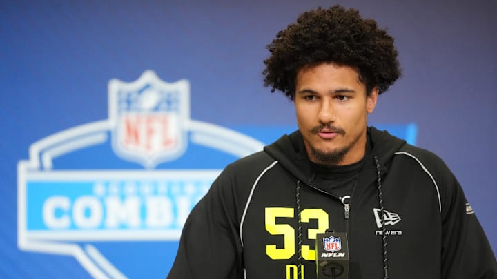 Feb 25, 2026; Indianapolis, IN, USA; Texas defensive lineman Trey Moore (DL53) speaks during the NFL Scouting Combine.