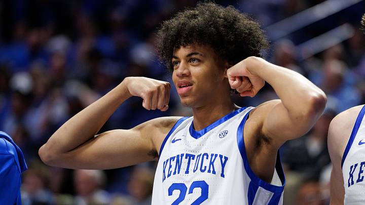 Oct 24, 2025; Lexington, KY, USA; Kentucky Wildcats forward Braydon Hawthorne (22) gestures in celebration from the bench during the second half against the Purdue Boilermakers at Rupp Arena at Central Bank Center. Mandatory Credit: Jordan Prather-Imagn Images Oct 24, 2025; Lexington, KY, USA; Kentucky Wildcats forward Braydon Hawthorne (22) gestures in celebration from the bench during the second half against the Purdue Boilermakers at Rupp Arena at Central Bank Center. Mandatory Credit: Jordan Prather-Imagn Images