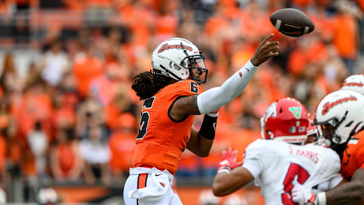 Sep 6, 2025; Corvallis, Oregon, USA; Oregon State Beavers quarterback Maalik Murphy (6) throws the ball during the first quarter against the Fresno State Bulldogs at Reser Stadium. Mandatory Credit: Craig Strobeck-Imagn Images