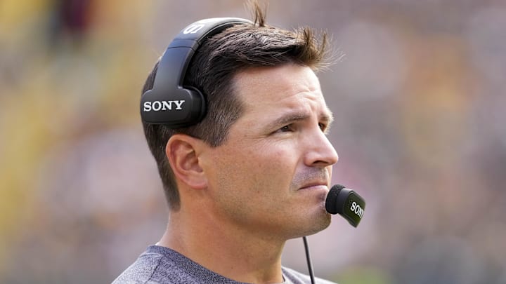 Aug 23, 2025; Green Bay, Wisconsin, USA;  Seattle Seahawks head coach Mike Macdonald looks on during the second quarter against the Green Bay Packers at Lambeau Field.