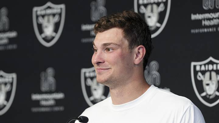Las Vegas Raiders quarterback Fernando Mendoza speaks during a news conference at the team’s Rookie Minicamp.