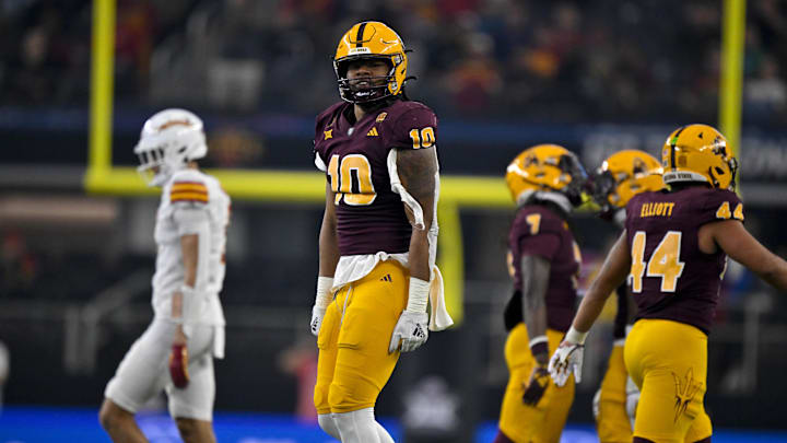 Dec 7, 2024; Arlington, TX, USA; Arizona State Sun Devils defensive lineman Clayton Smith (10) celebrates during the game between the Iowa State Cyclones and the Arizona State Sun Devils at AT&T Stadium. Mandatory Credit: Jerome Miron-Imagn Images