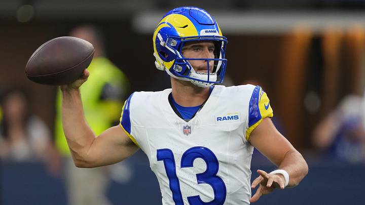 Aug 16, 2025; Inglewood, California, USA; Los Angeles Rams quarterback Stetson Bennett IV (13) throws in the second half against the Los Angeles Chargers at SoFi Stadium. Mandatory Credit: Kirby Lee-Imagn Images