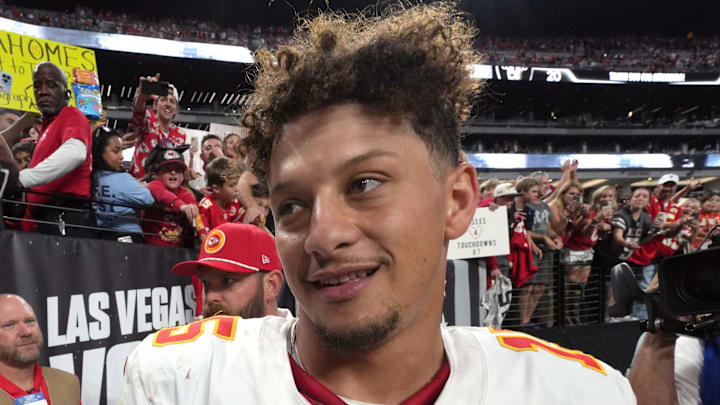 Oct 27, 2024; Paradise, Nevada, USA; Kansas City Chiefs quarterback Patrick Mahomes (15) reacts after the game against the Las Vegas Raiders at Allegiant Stadium. Mandatory Credit: Kirby Lee-Imagn Images