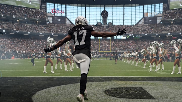 Sep 22, 2024; Paradise, Nevada, USA; Las Vegas Raiders wide receiver Davante Adams (17) enters the field before the game against the Carolina Panthers at Allegiant Stadium.