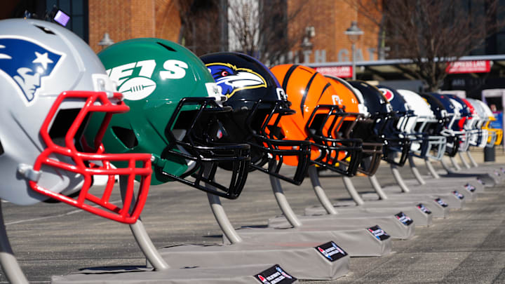 Feb 28, 2024; Indianapolis, IN, USA; A general view of large helmets of the New York Jets, Baltimore Ravens and Cincinnati Bengals at the NFL Scouting Combine Experience at Lucas Oil Stadium. Mandatory Credit: Kirby Lee-Imagn Images Feb 28, 2024; Indianapolis, IN, USA; A general view of large helmets of the New York Jets, Baltimore Ravens and Cincinnati Bengals at the NFL Scouting Combine Experience at Lucas Oil Stadium. Mandatory Credit: Kirby Lee-Imagn Images