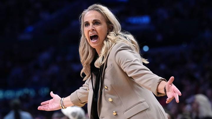 Jul 29, 2025; Los Angeles, California, USA; Las Vegas Aces coach Becky Hammon reacts in the second half against the LA Sparks at the Crypto.com Arena. Mandatory Credit: Kirby Lee-Imagn Images
