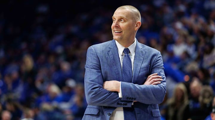 Feb 8, 2025; Lexington, Kentucky, USA; Kentucky Wildcats head coach Mark Pope looks on during the second half against the South Carolina Gamecocks at Rupp Arena at Central Bank Center. Mandatory Credit: Jordan Prather-Imagn Images Feb 8, 2025; Lexington, Kentucky, USA; Kentucky Wildcats head coach Mark Pope looks on during the second half against the South Carolina Gamecocks at Rupp Arena at Central Bank Center. Mandatory Credit: Jordan Prather-Imagn Images
