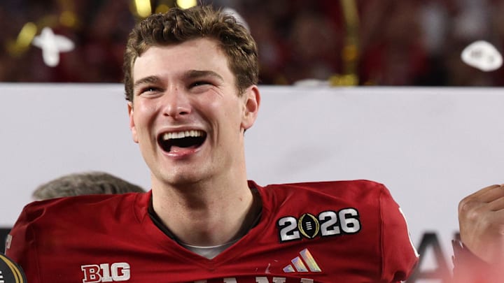 Jan 19, 2026; Miami Gardens, FL, USA; Indiana Hoosiers quarterback Fernando Mendoza (15) reacts after the College Football Playoff National Championship game against the Miami Hurricanes at Hard Rock Stadium. Mandatory Credit: Nathan Ray Seebeck-Imagn Images