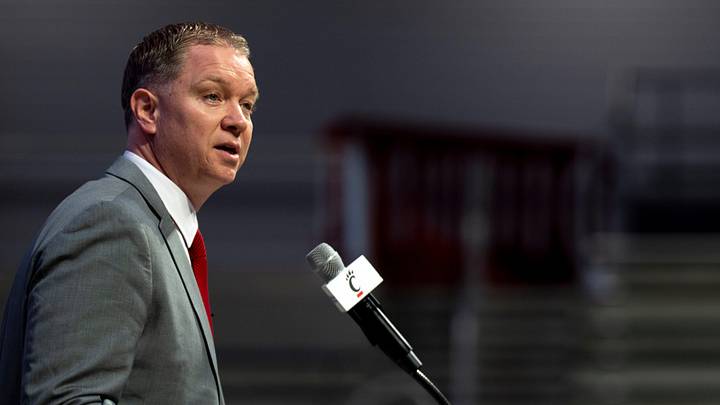 Cincinnati head coach Jerrod Calhoun speaks during a press conference announcing him as the head men's basketball coach at Fifth Third Arena in Cincinnati on Wednesday, March 25, 2026. Cincinnati head coach Jerrod Calhoun speaks during a press conference announcing him as the head men's basketball coach at Fifth Third Arena in Cincinnati on Wednesday, March 25, 2026.