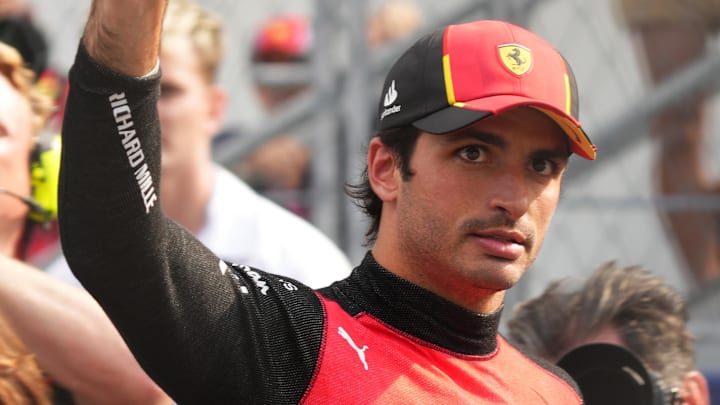 May 6, 2023; Miami Gardens, Florida, USA; Ferrari driver Carlos Sainz (55) of Spain waves to the May 6, 2023; Miami Gardens, Florida, USA; Ferrari driver Carlos Sainz (55) of Spain waves to the