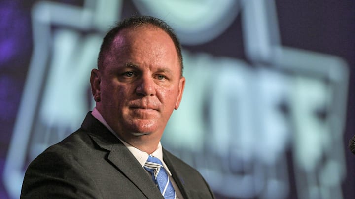 Duke University Head Coach Mike Elko speaks during the ACC Kickoff Media Days event in downtown