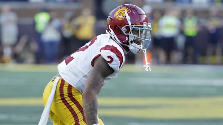Sep 21, 2024; Ann Arbor, Michigan, USA;  USC Trojans cornerback Jaylin Smith (2) pursues a play on defense against the Michigan Wolverines at Michigan Stadium. Mandatory Credit: Rick Osentoski-Imagn Images