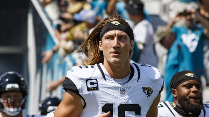 Sep 24, 2023; Jacksonville, Florida, USA; Jacksonville Jaguars quarterback Trevor Lawrence (16) runs out of the tunnel before the game against the Houston Texans at EverBank Stadium. Mandatory Credit: Morgan Tencza-Imagn Images