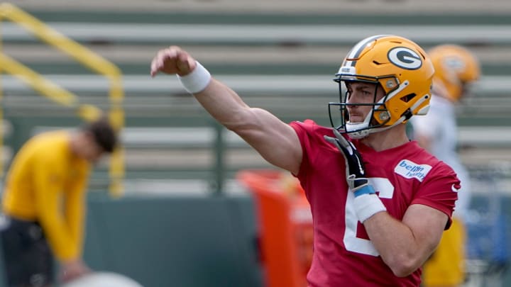 Green Bay Packers quarterback Sean Clifford throws a pass at minicamp. 