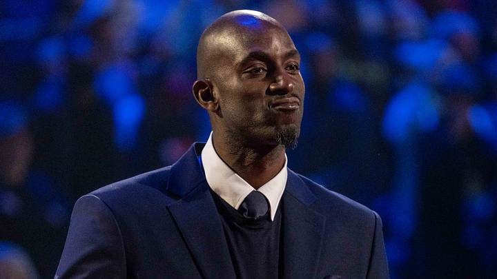 February 20, 2022; Cleveland, Ohio, USA; NBA great Kevin Garnett is honored for being selected to the NBA 75th Anniversary Team during halftime in the 2022 NBA All-Star Game at Rocket Mortgage FieldHouse. Mandatory Credit: Kyle Terada-USA TODAY Sports February 20, 2022; Cleveland, Ohio, USA; NBA great Kevin Garnett is honored for being selected to the NBA 75th Anniversary Team during halftime in the 2022 NBA All-Star Game at Rocket Mortgage FieldHouse. Mandatory Credit: Kyle Terada-USA TODAY Sports