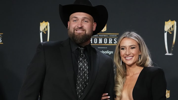 Feb 9, 2023; Phoenix, Arizona, US; Denver Broncos guard Dalton Risner Poses for a photo poses for a photo on the red carpet before the NFL Honors award show at Symphony Hall. Mandatory Credit: Kirby Lee-Imagn Images Feb 9, 2023; Phoenix, Arizona, US; Denver Broncos guard Dalton Risner Poses for a photo poses for a photo on the red carpet before the NFL Honors award show at Symphony Hall. Mandatory Credit: Kirby Lee-Imagn Images