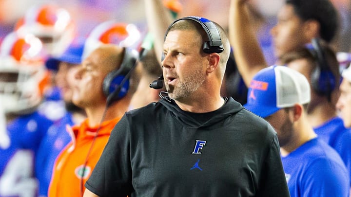 Florida Gators head coach Billy Napier coaches from the sidelines during the second half at Ben Hill Griffin Stadium in Gainesville, FL on Saturday, September 7, 2024 against the Samford Bulldogs. The Florida Gators won 45-7 over the Bulldogs. [Doug Engle/Gainesville Sun]