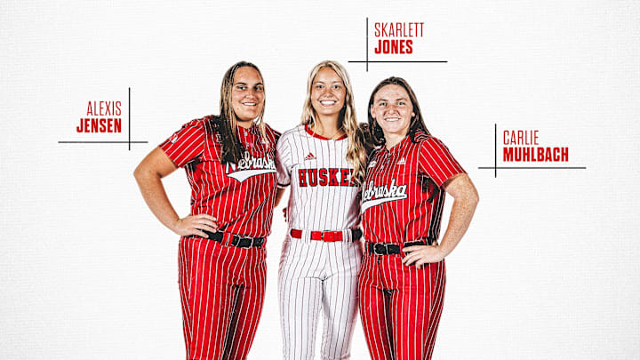 Nebraska softball commits Alexis Jensen, Skarlett Jones, Carlie Muhlbach. Nebraska softball commits Alexis Jensen, Skarlett Jones, Carlie Muhlbach.