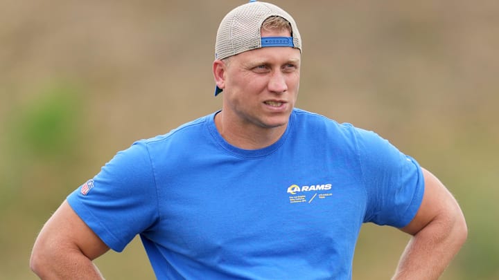 Jun 14, 2023; Thousand Oaks, CA, USA; Los Angeles Rams special teams coordinator coach Chase Blackburn during minicamp at Cal Lutheran University. Mandatory Credit: Kirby Lee-Imagn Images
