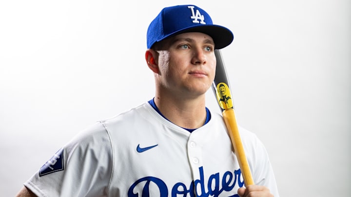 Feb 21, 2024; Glendale, AZ, USA; Los Angeles Dodgers outfielder Ryan Ward poses for a portrait during media day at Camelback Ranch. Mandatory Credit: Mark J. Rebilas-Imagn Images