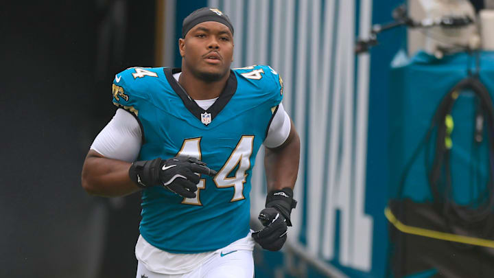 Jacksonville Jaguars defensive end Travon Walker (44) is introduced before an NFL football matchup Sunday, Oct. 6, 2024 at EverBank Stadium in Jacksonville, Fla. The Jaguars edged the Colts on a field goal 37-34. [Corey Perrine/Florida Times-Union]