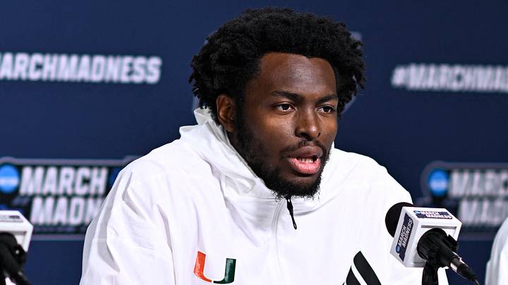 Mar 19, 2026; St. Louis, MO, USA; Miami (FL) Hurricanes center Ernest Udeh Jr. talks to the media during a practice session ahead of the first round of the men's 2026 NCAA Tournament at Enterprise Center. Mandatory Credit: Jeff Le-Imagn Images Mar 19, 2026; St. Louis, MO, USA; Miami (FL) Hurricanes center Ernest Udeh Jr. talks to the media during a practice session ahead of the first round of the men's 2026 NCAA Tournament at Enterprise Center. Mandatory Credit: Jeff Le-Imagn Images