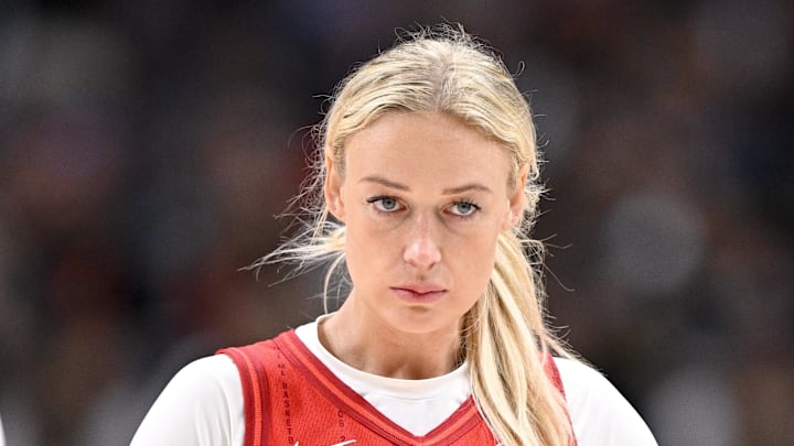 Jun 27, 2025; Dallas, Texas, USA; Indiana Fever guard Sophie Cunningham (8) looks on during the game against the Dallas Wings at the American Airlines Center. Mandatory Credit: Jerome Miron-Imagn Images
