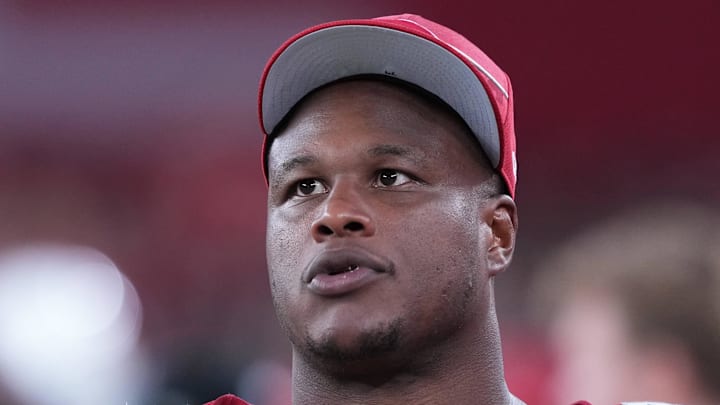 Aug 19, 2023; Glendale, Arizona, USA;  Arizona Cardinals offensive tackle D.J. Humphries (74) looks on against the Kansas City Chiefs at State Farm Stadium. Mandatory Credit: Joe Camporeale-Imagn Images
