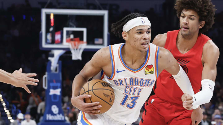 Jan 11, 2024; Oklahoma City, Oklahoma, USA; Oklahoma City Thunder forward Ousmane Dieng (13) drives to the basket Jan 11, 2024; Oklahoma City, Oklahoma, USA; Oklahoma City Thunder forward Ousmane Dieng (13) drives to the basket