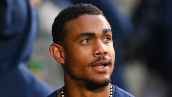 Seattle Mariners center fielder Julio Rodriguez (44) in the dugout after scoring a run against the Chicago White Sox during the seventh inning at T-Mobile Park. Seattle Mariners center fielder Julio Rodriguez (44) in the dugout after scoring a run against the Chicago White Sox during the seventh inning at T-Mobile Park.