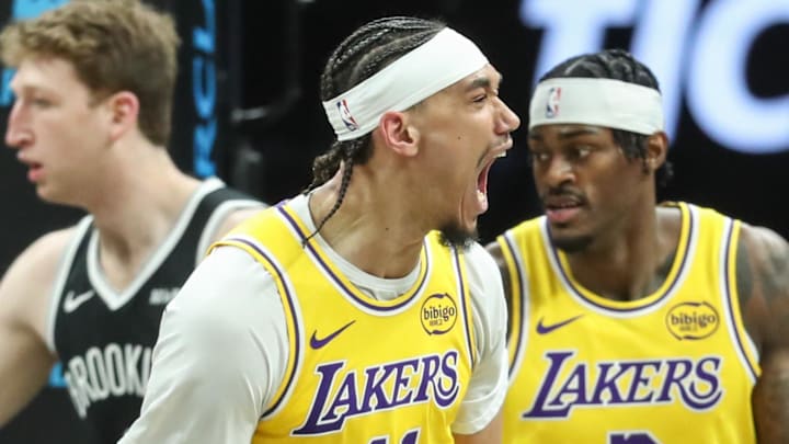 Feb 3, 2026; Brooklyn, New York, USA;  Los Angeles Lakers center Jaxson Hayes (11) celebrates in the first quarter against the Brooklyn Nets at Barclays Center. Mandatory Credit: Wendell Cruz-Imagn Images