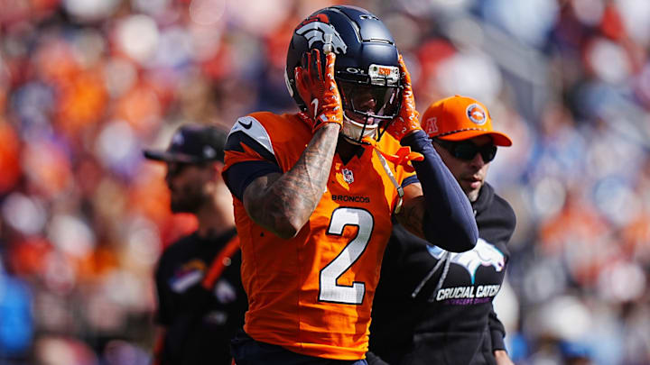 Oct 13, 2024; Denver, Colorado, USA; Denver Broncos cornerback Pat Surtain II (2) leaves the field in the first quarter against the Los Angeles Chargers at Empower Field at Mile High. 