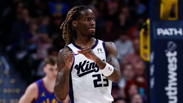 Mar 5, 2025; Denver, Colorado, USA; Sacramento Kings guard Keon Ellis (23) reacts after a play in the first quarter against the Denver Nuggets at Ball Arena. Mandatory Credit: Isaiah J. Downing-Imagn Images