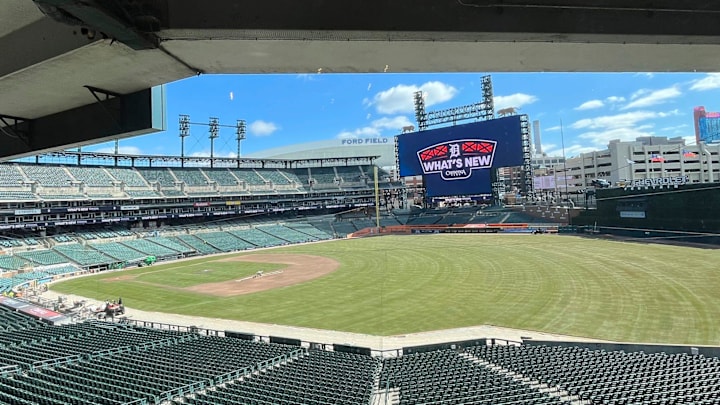 The keyhole strip which was removed between home plate and the pitcher’s mound as requested by the players shown to the media at Comerica Park in Detroit on Wednesday, March 26, 2025.