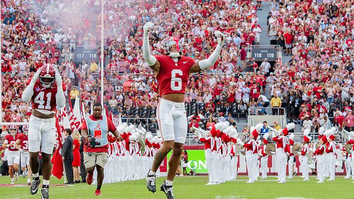Alabama defensive back Red Morgan runs out for the game against South Carolina on Sept 26, 2026.