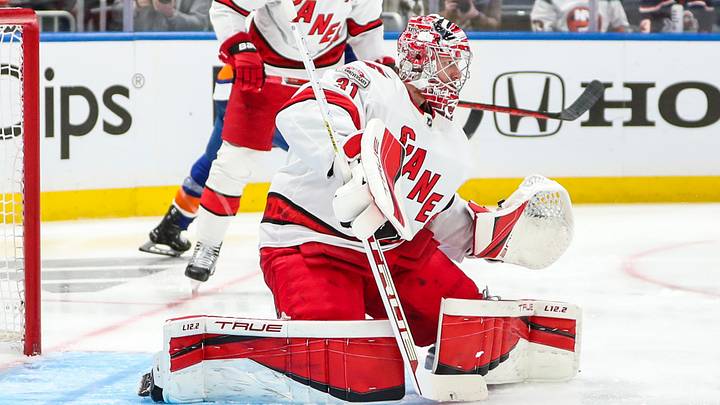 Apr 28, 2023; Elmont, New York, USA; Carolina Hurricanes goaltender Frederik Anderson (31) in game six of the first round of the 2023 Stanley Cup Playoffs at UBS Arena. Mandatory Credit: Wendell Cruz-USA TODAY Sports