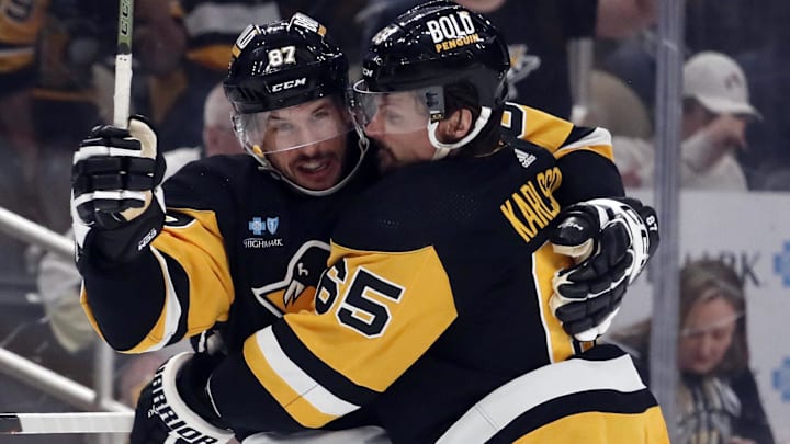 Apr 15, 2024; Pittsburgh, Pennsylvania, USA;  Pittsburgh Penguins center Sidney Crosby (87) and